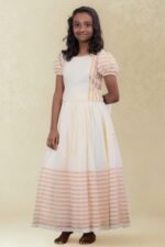 Premium Handloom Kerala Kasavu Girl's Skirt & Top - Light Pink