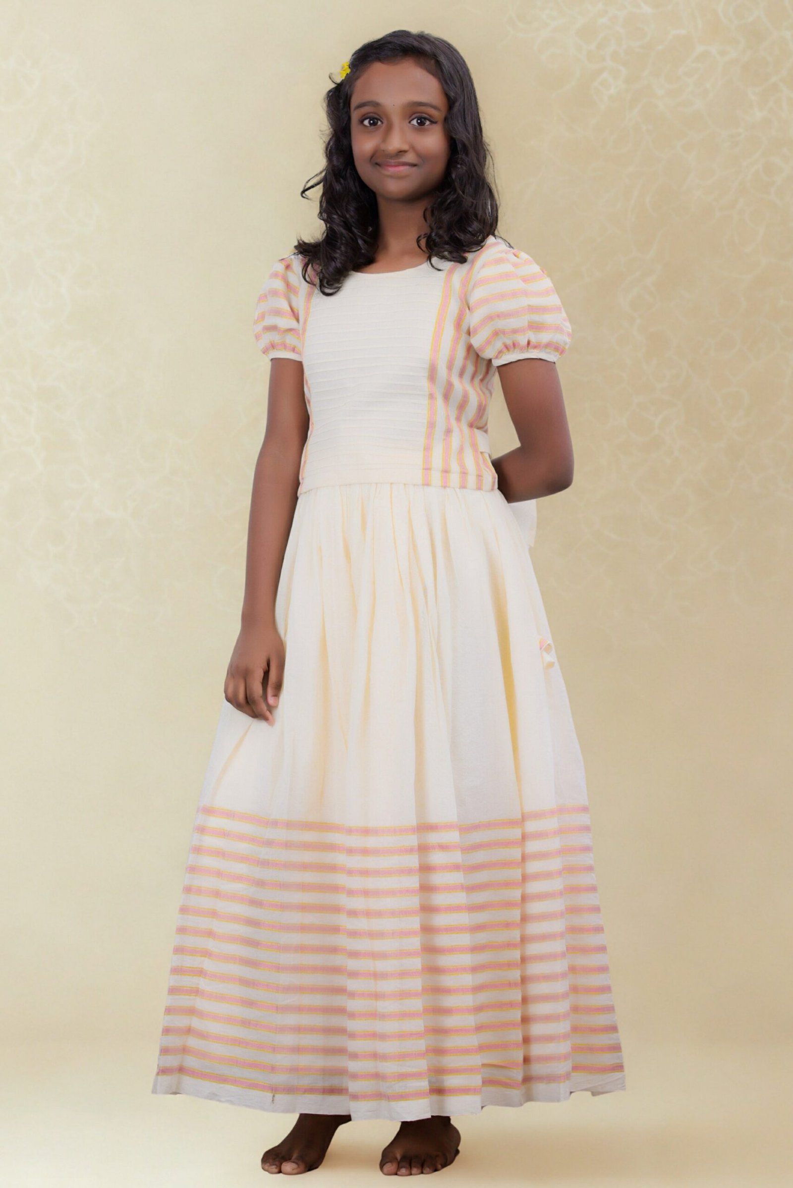 Premium Handloom Kerala Kasavu Girl's Skirt & Top - Light Pink