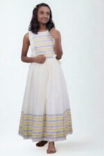 Premium Handloom Ethnicwear Set - Sleeveless Frill Top & Dark Blue Striped Skirt