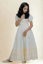 Premium Handloom Ethnicwear Set - Peach & Golden Striped Skirt with Puff Sleeve Top