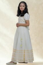 Premium Handloom Ethnicwear Set - Peach & Golden Striped Skirt with Puff Sleeve Top - Image 2