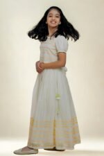 Premium Handloom Ethnicwear Set - Peach & Golden Striped Skirt with Puff Sleeve Top - Image 3