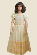 Premium Handloom Ethnicwear Set - Peach & Golden Striped Skirt with Puff Sleeve Top - Image 4