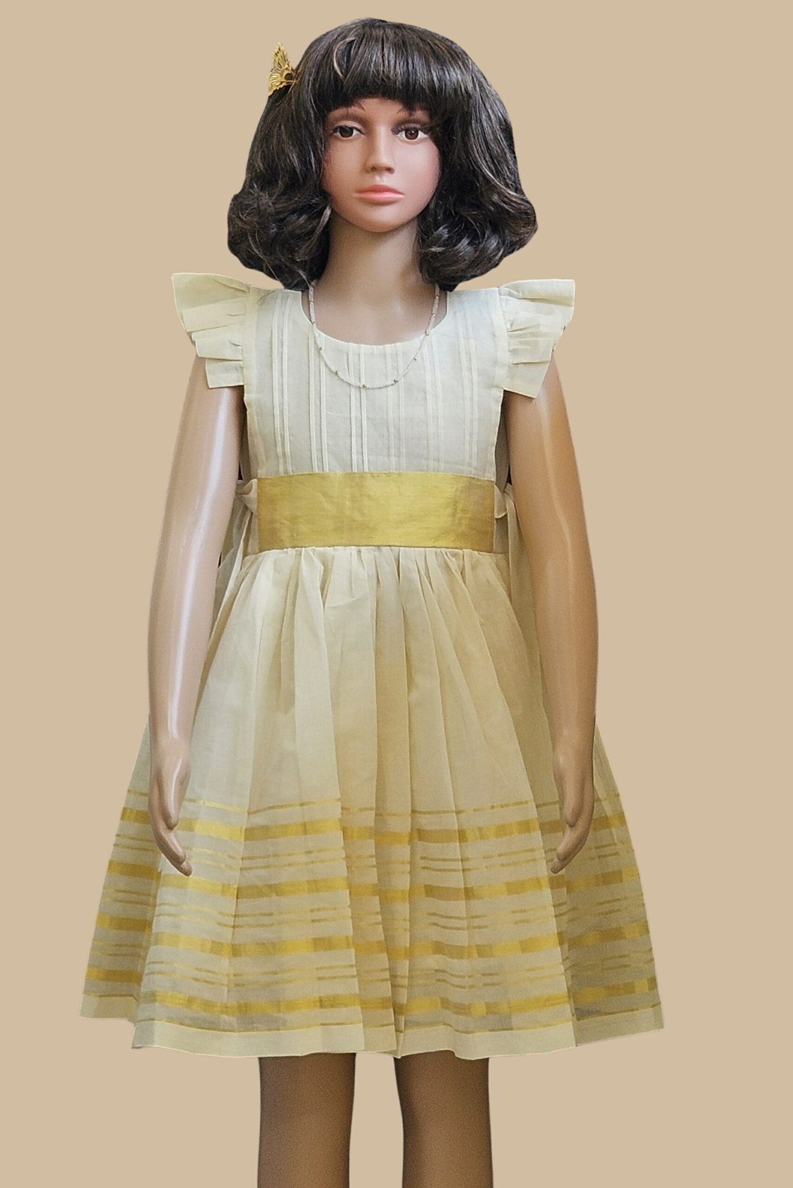 Premium Kerala Handloom Kasavu Frock - Flutter Sleeves