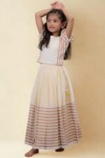 Premium Handloom Ethnicwear Set - Purple & Golden Stripe Skirt with Puff Sleeve Top