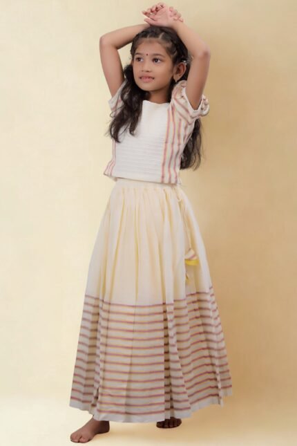 Premium Handloom Ethnicwear Set - Purple & Golden Stripe Skirt with Puff Sleeve Top