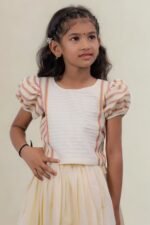 Premium Handloom Ethnicwear Set - Purple & Golden Stripe Skirt with Puff Sleeve Top - Image 4