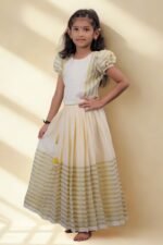 Premium Handloom Ethnicwear Set - Light Blue & Golden Stripe Skirt with Puff Sleeve Top