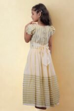 Premium Handloom Ethnicwear Set - Light Blue & Golden Stripe Skirt with Puff Sleeve Top - Image 2