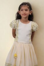 Premium Handloom Ethnicwear Set - Light Blue & Golden Stripe Skirt with Puff Sleeve Top - Image 4