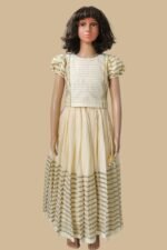 Premium Handloom Ethnicwear Set - Light Blue & Golden Stripe Skirt with Puff Sleeve Top - Image 3