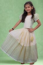 Premium Handloom Ethnicwear Set - Green & Golden Stripe Skirt with Puff Sleeve Top