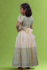 Premium Handloom Ethnicwear Set - Green & Golden Stripe Skirt with Puff Sleeve Top - Image 2
