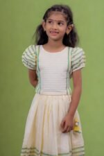 Premium Handloom Ethnicwear Set - Green & Golden Stripe Skirt with Puff Sleeve Top - Image 4