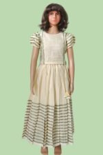 Premium Handloom Ethnicwear Set - Green & Golden Stripe Skirt with Puff Sleeve Top - Image 3